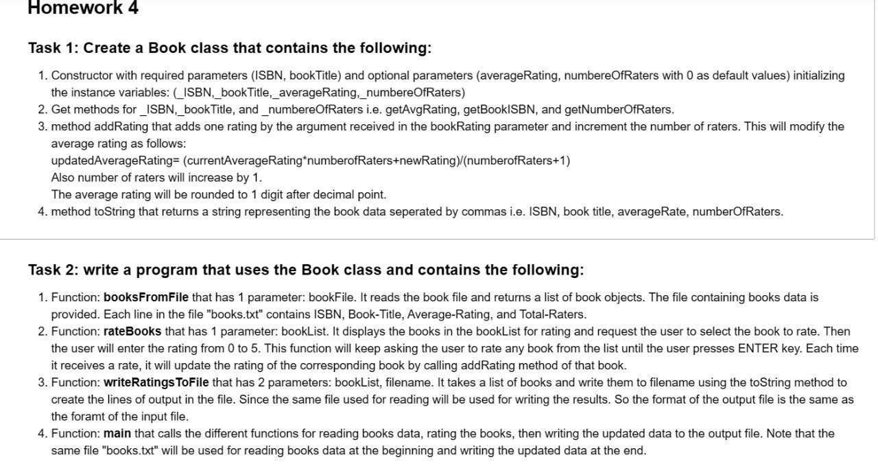 Solved Homework 4Task 1: Create a Book class that contains | Chegg.com