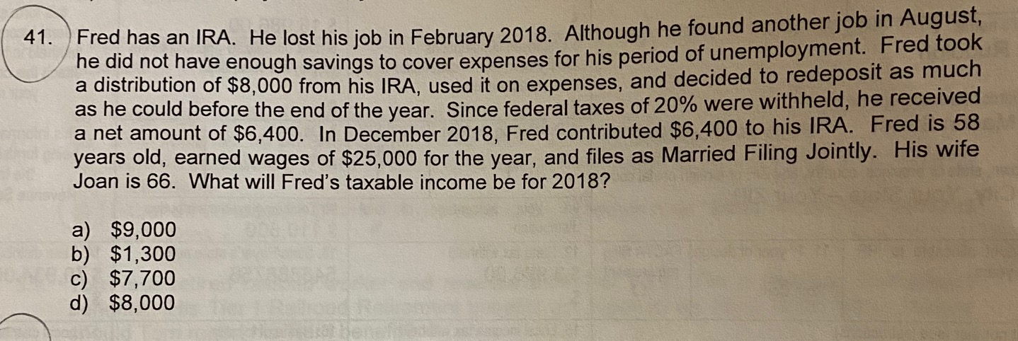 Solved 41. Fred has an IRA. He lost his job in February | Chegg.com