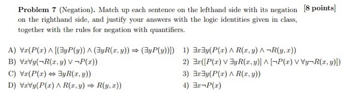 Solved Problem 7 (Negation). Match up each sentence on the | Chegg.com