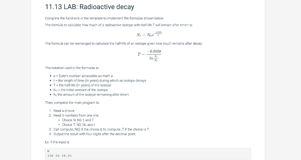 Solved 11.13 LAB Radioactive decay Complete the functions