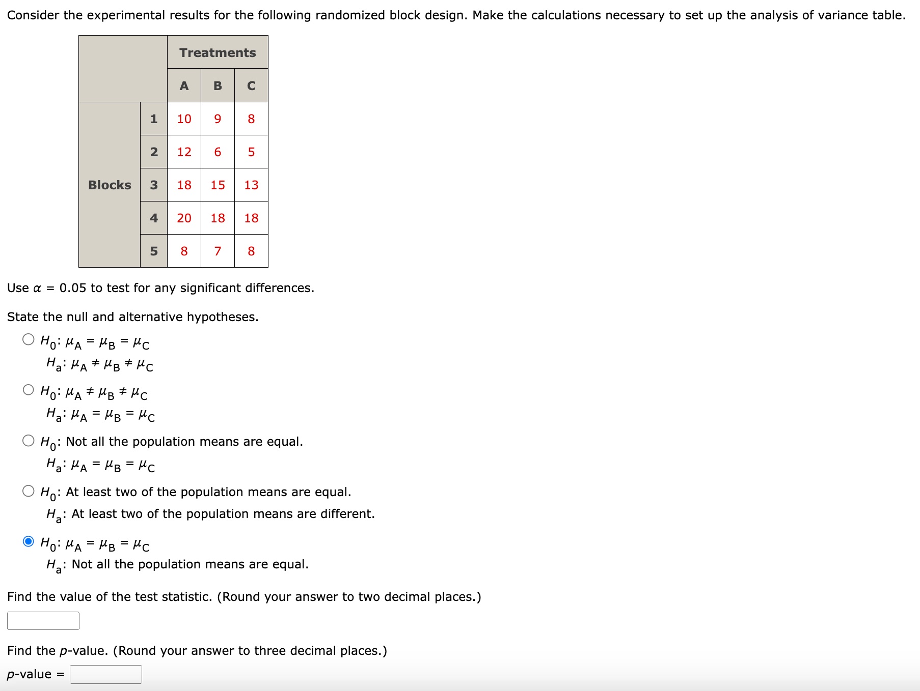 Solved Use α=0.05 to test for any significant differences. | Chegg.com