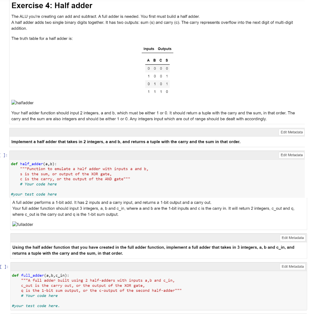 Solved Exercise 4: Half adder The ALU you're creating can | Chegg.com