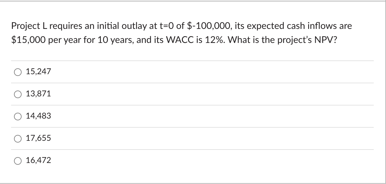 Solved Project L requires an initial outlay at t=0 of | Chegg.com