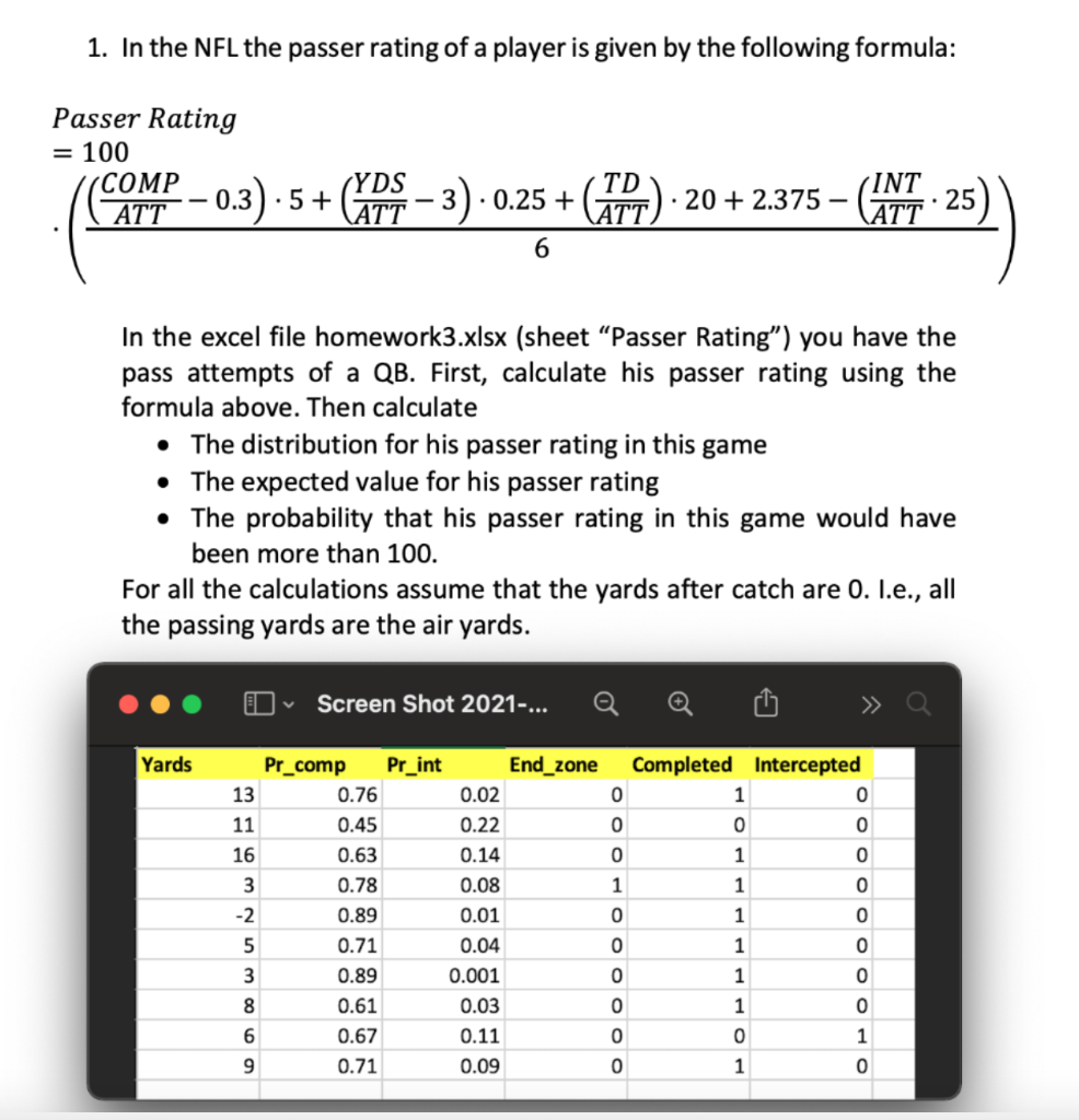 Solved NFL Quarterback Rating Formula The NFL rates its