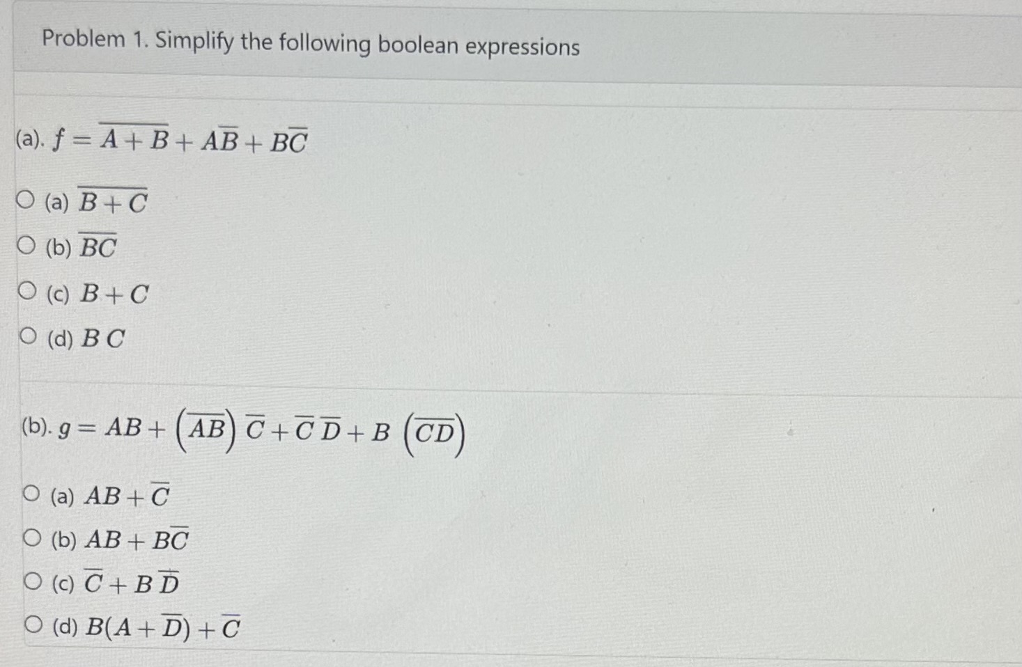 Solved Problem 1. Simplify The Following Boolean Expressions | Chegg.com