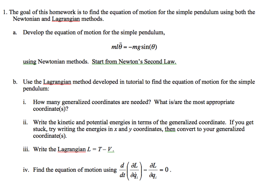 find lagrangian and lagrange's equation of motion for a simple pendulum