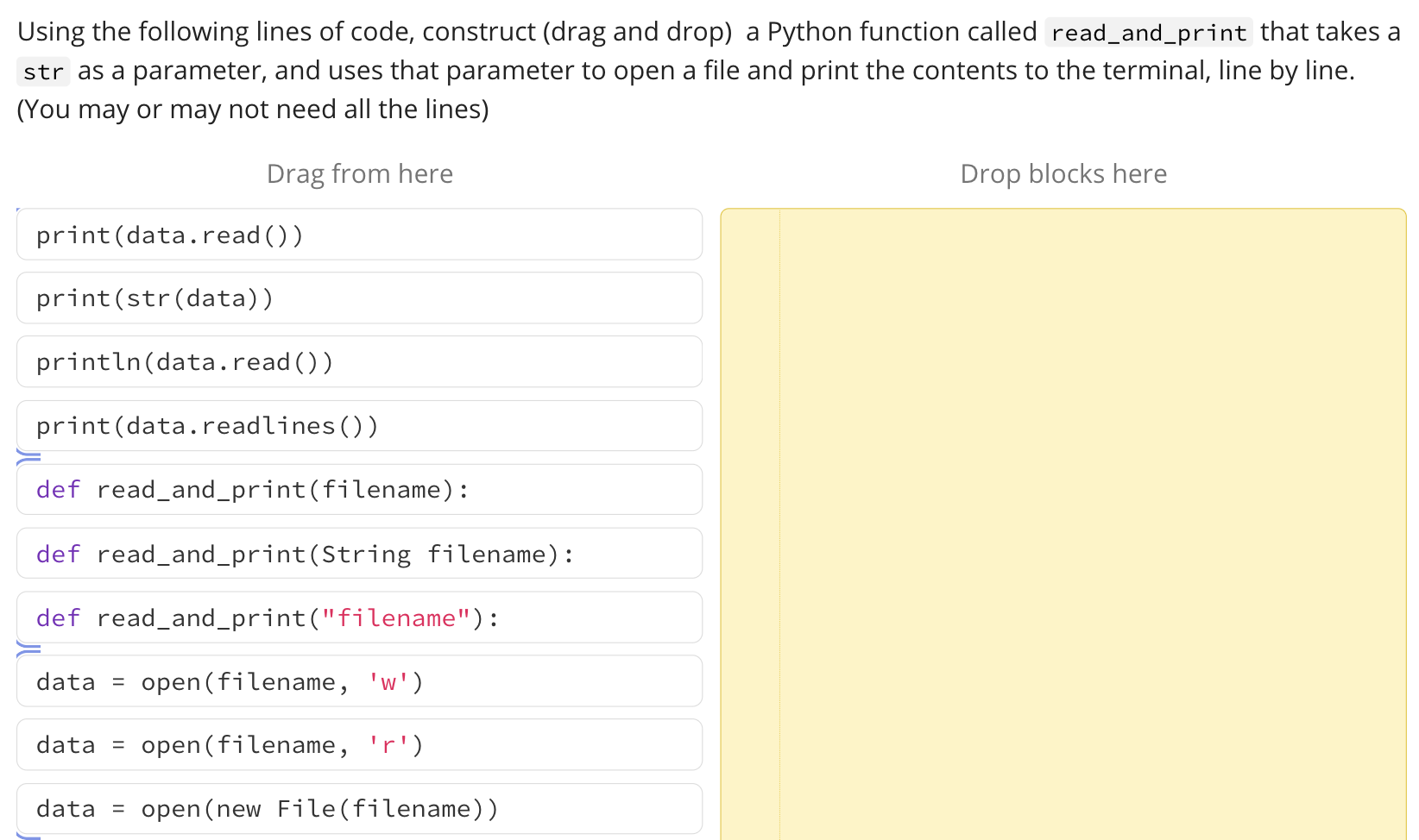 Solved Using the following lines of code, construct (drag | Chegg.com