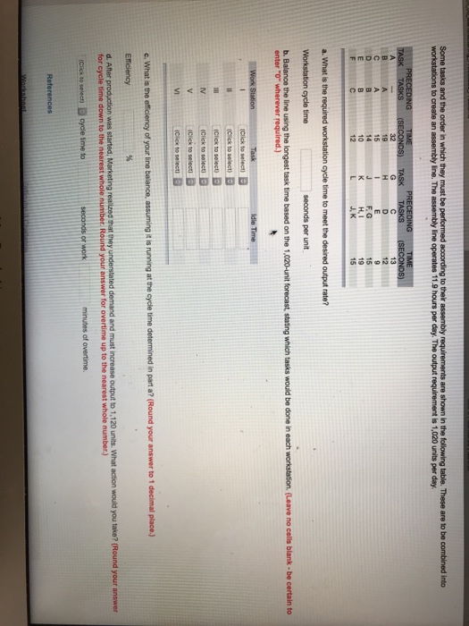 Solved 15 19 H, I J, K 12 Workstation cycle time b. Balance