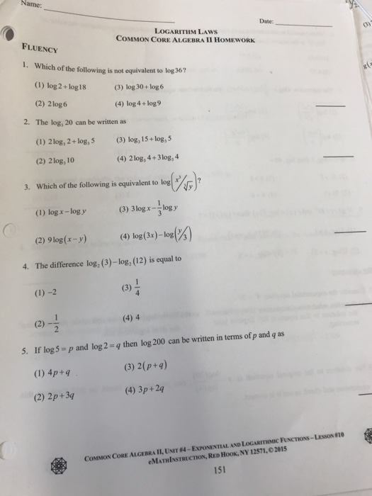 introduction to logarithms common core algebra 2 homework answers