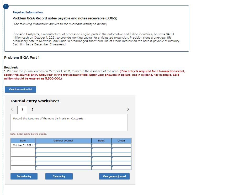 Solved Required Information Problem 8-2A Record notes | Chegg.com