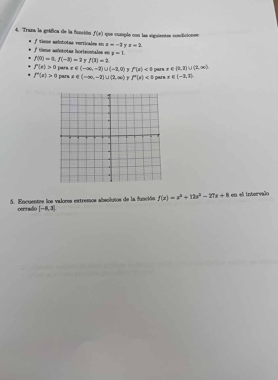 4. Traza la gráfica de la función f(x) que cumple con las siguientes condiciones: . f tiene asíntotas verticales en x= -2 yu=