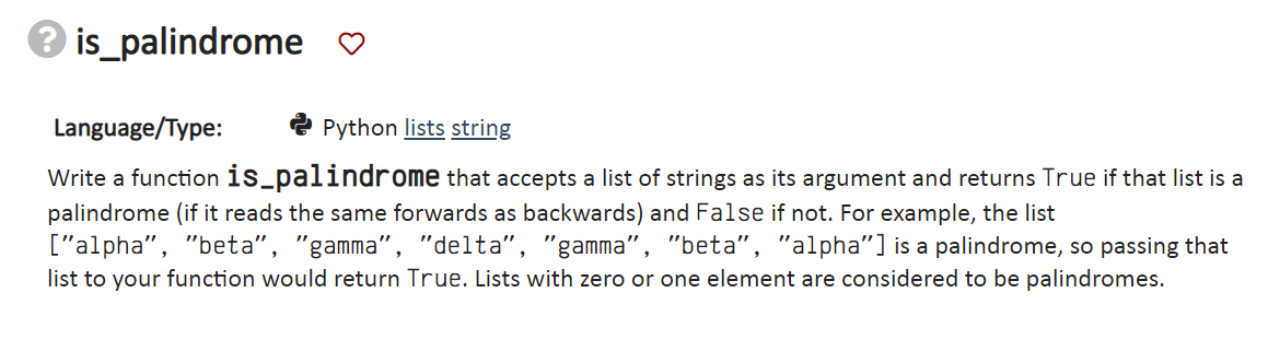 Solved is_palindrome Language/Type: Python lists string | Chegg.com