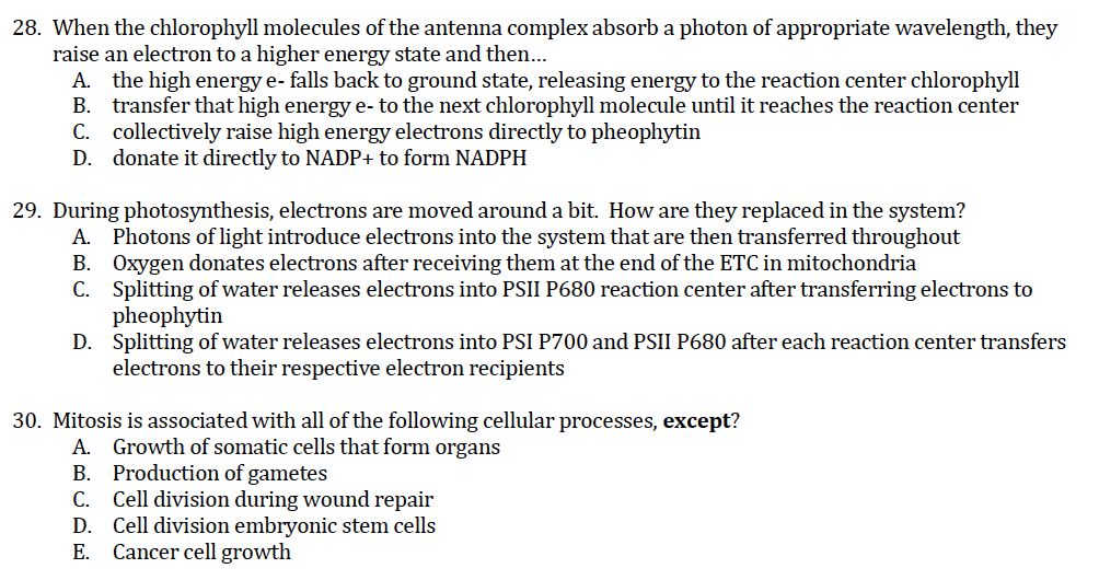 Solved 28. When the chlorophyll molecules of the antenna