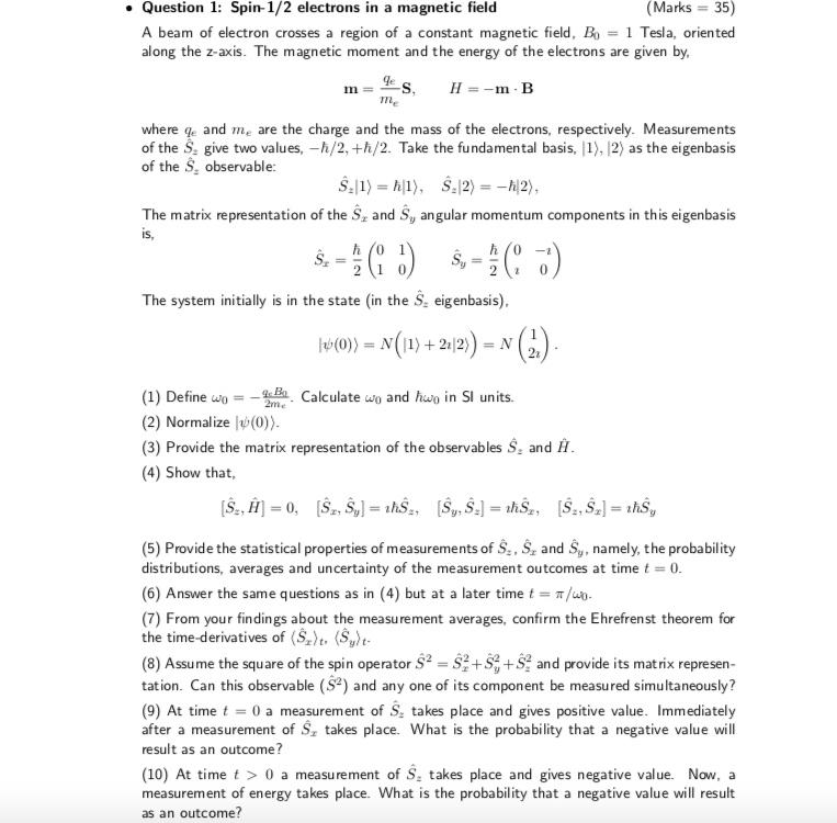 Solved a m Question 1: Spin-1/2 electrons in a magnetic | Chegg.com