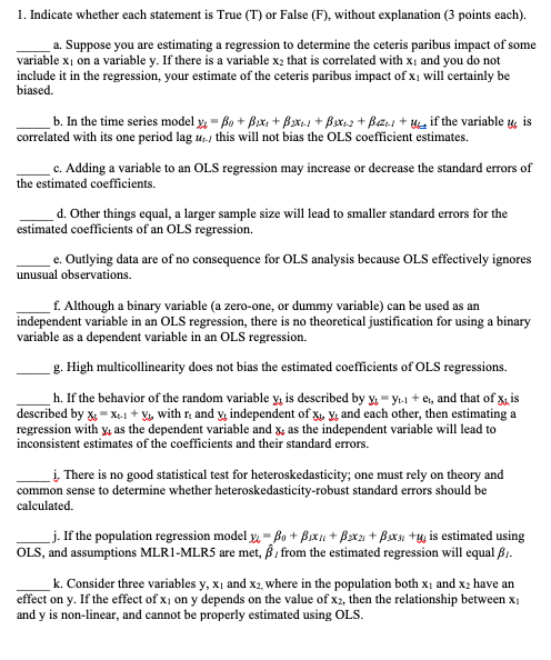 Solved 1. Indicate whether each statement is True (T) or | Chegg.com
