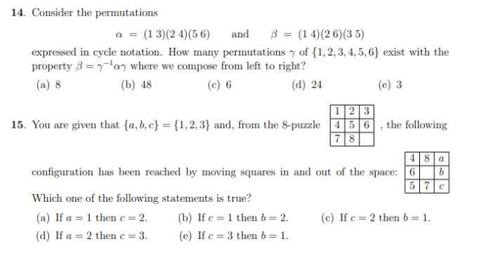 Solved 14. Consider the permutations a = (1 3)(2 4)(56) and | Chegg.com