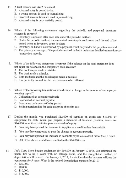 Solved 13. A trial balance will NOT balance if A. a journal 
