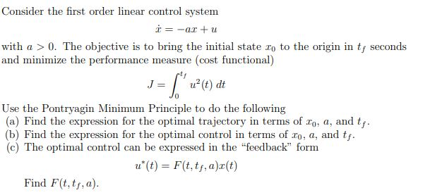 Consider the first order linear control system * = | Chegg.com