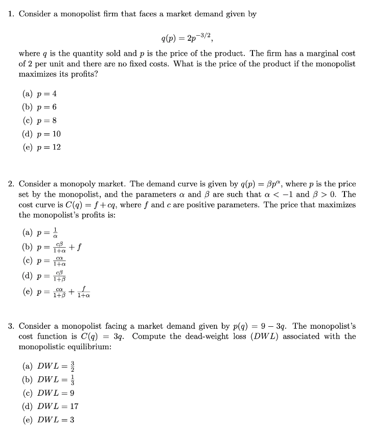 Solved 1. Consider A Monopolist Firm That Faces A Market | Chegg.com