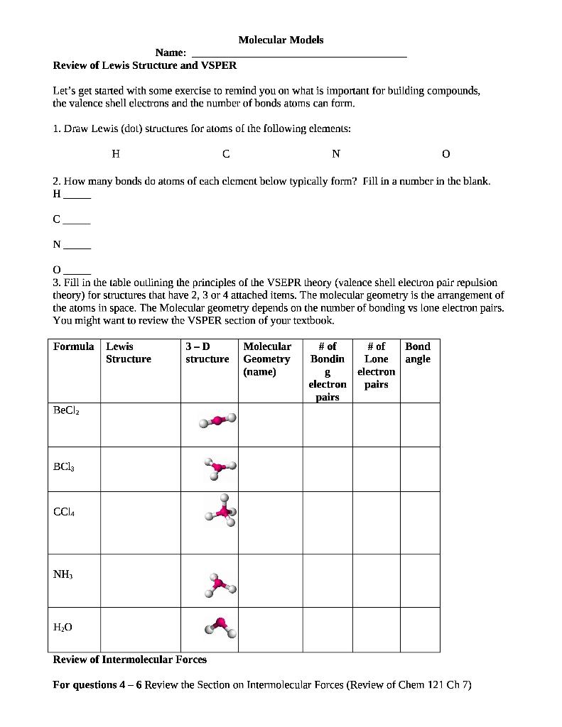 Solved Molecular Models Name: Review of Lewis Structure and | Chegg.com