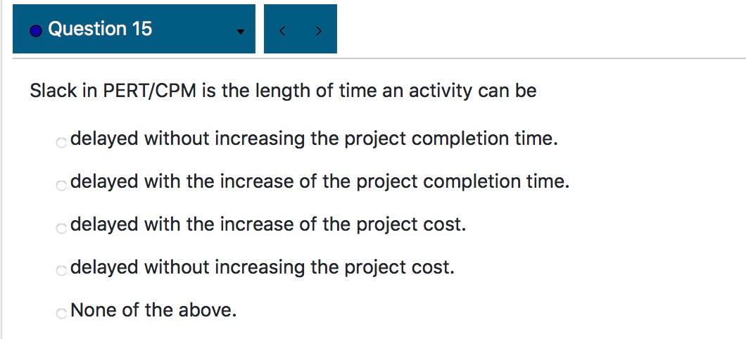 Solved Question 15 Slack in PERT/CPM is the length of time | Chegg.com