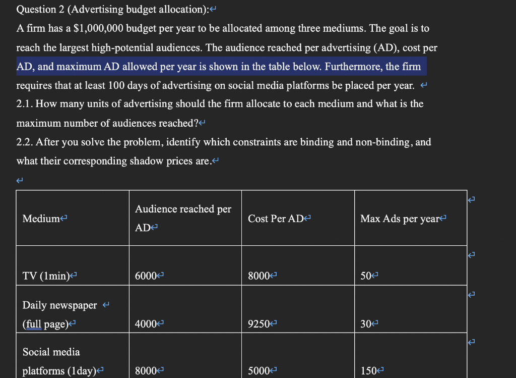 Solved Question 2 (Advertising budget allocation): A firm | Chegg.com