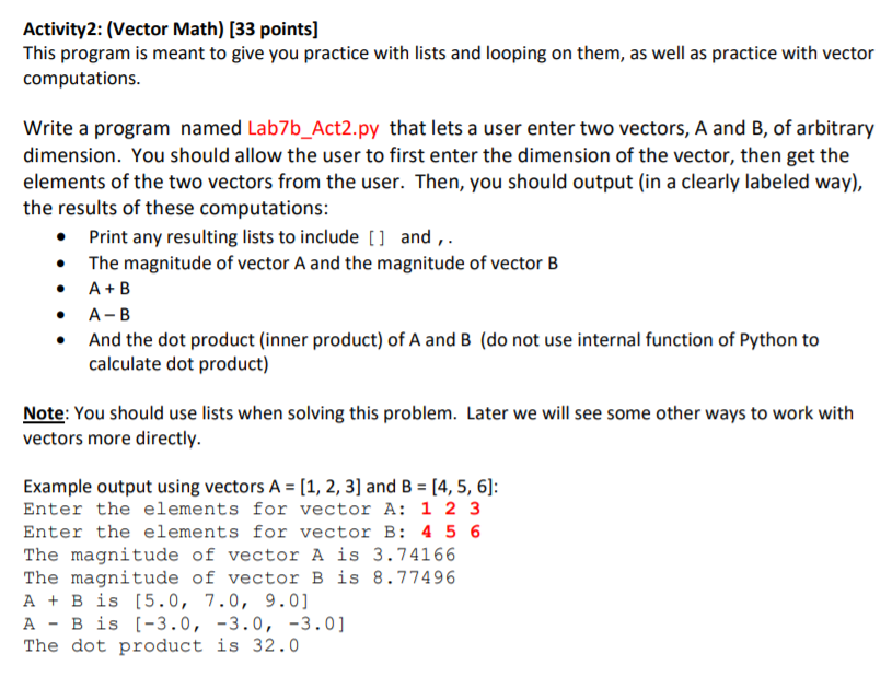 Solved Activity2: (Vector Math) (33 points) This program is | Chegg.com