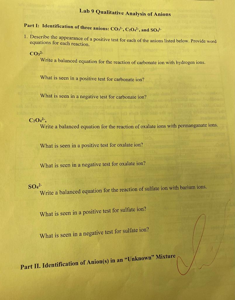 Solved Lab 9 Qualitative Analysis of Anions Part I