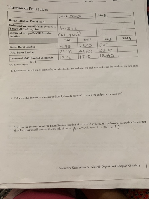 Solved SectionDate Titration of Fruit Juices Juice 1