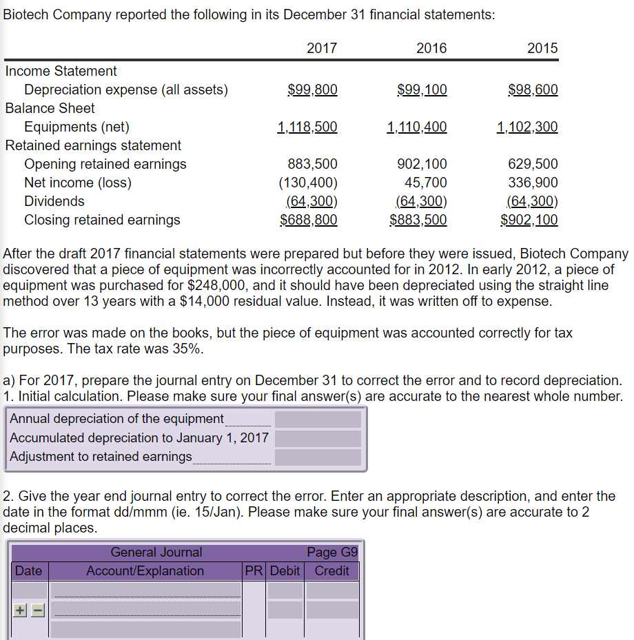 Solved Biotech Company Reported The Following In Its Chegg Com