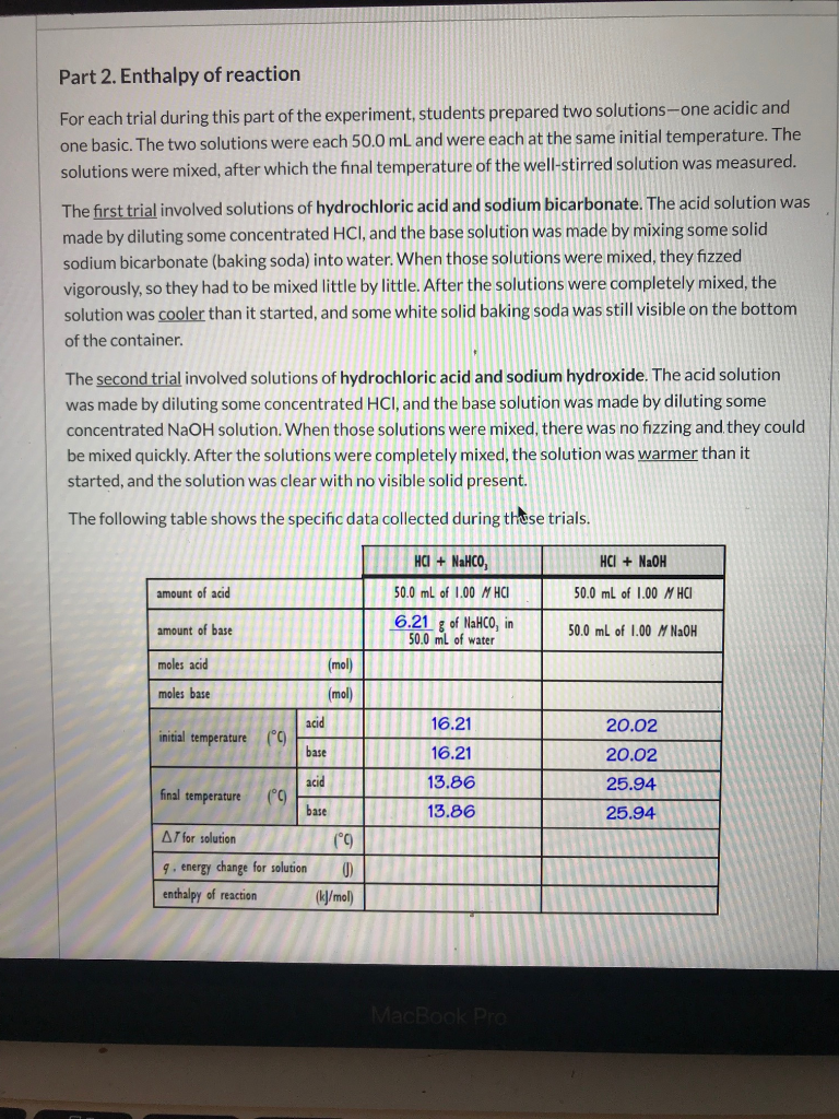 Solved Part 2. Enthalpy of reaction For each trial during | Chegg.com