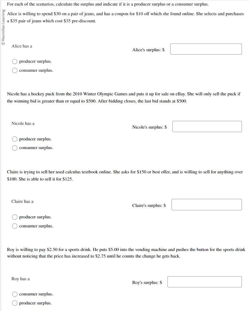 Solved For each of the scenarios, calculate the surplus and | Chegg.com