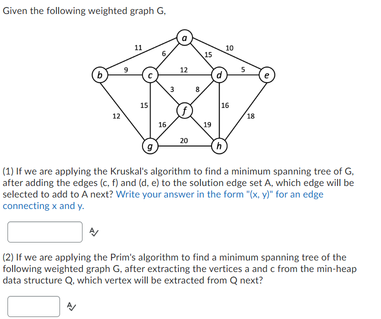 Solved Given The Following Weighted Graph G, (1) If We Are | Chegg.com