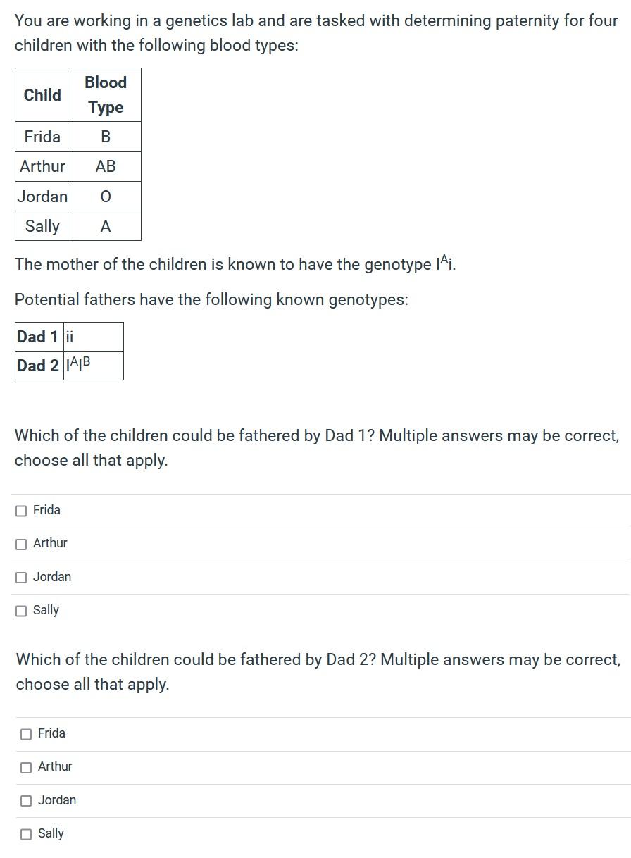 You are working in a genetics lab and are tasked with determining paternity for four
children with the following blood types: