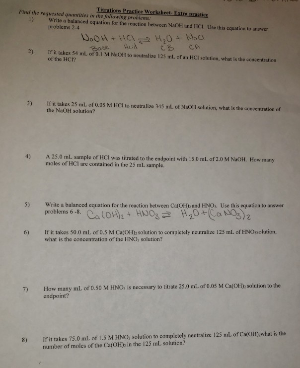 Solved Titrations Practice Worksheet Fxtra Practice Find The Chegg