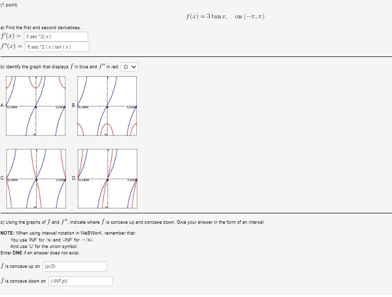 Solved (1 point) f(x)=3tanx, on (−π,π) a) Find the first and | Chegg.com