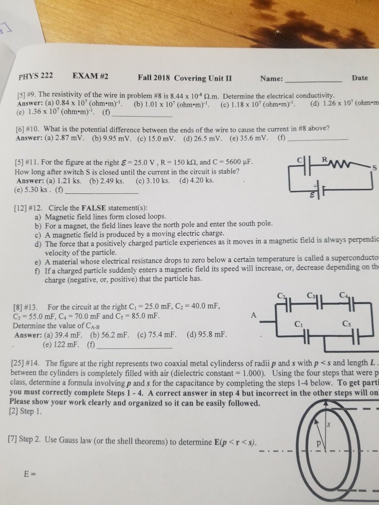 Solved PHYS 222 EXA M#2 Fall 2018 Covering Unit 11 Name: | Chegg.com