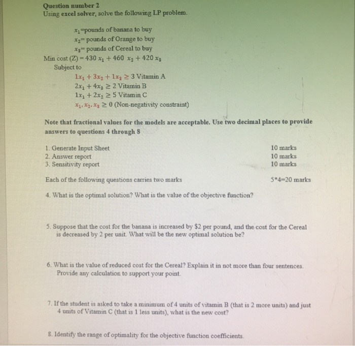 Solved Question number 2 Using excel solver, solve the | Chegg.com