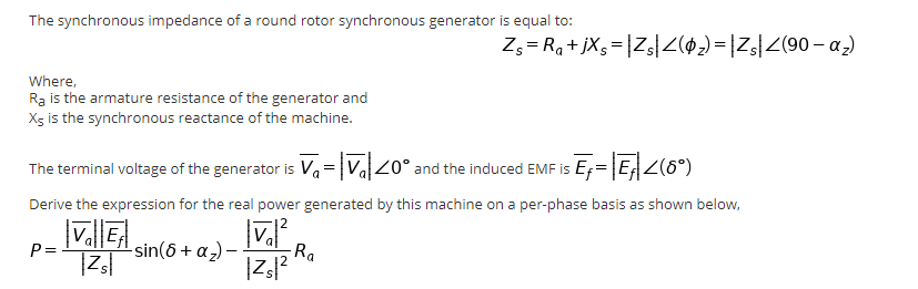 Solved The Synchronous Impedance Of A Round Rotor Synchro Chegg Com