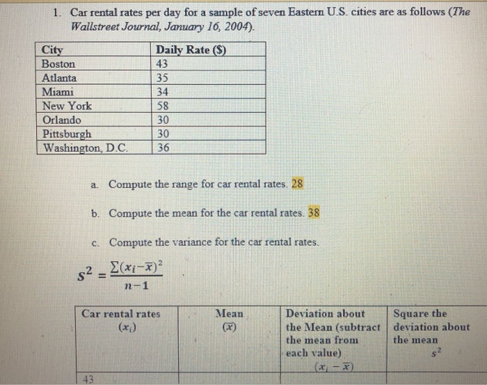 Solved Car rental rates per day for a sample of seven