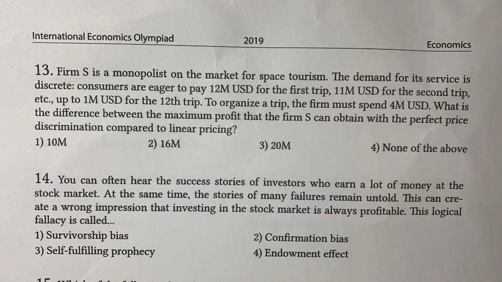 Solved International Economics Olympiad 2019 Economics 13. | Chegg.com