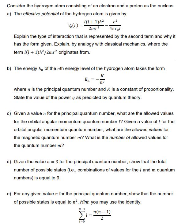Solved Consider the hydrogen atom consisting of an electron | Chegg.com