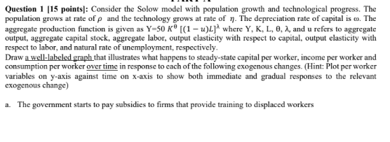 Question 1 15 points]: Consider the Solow model with | Chegg.com