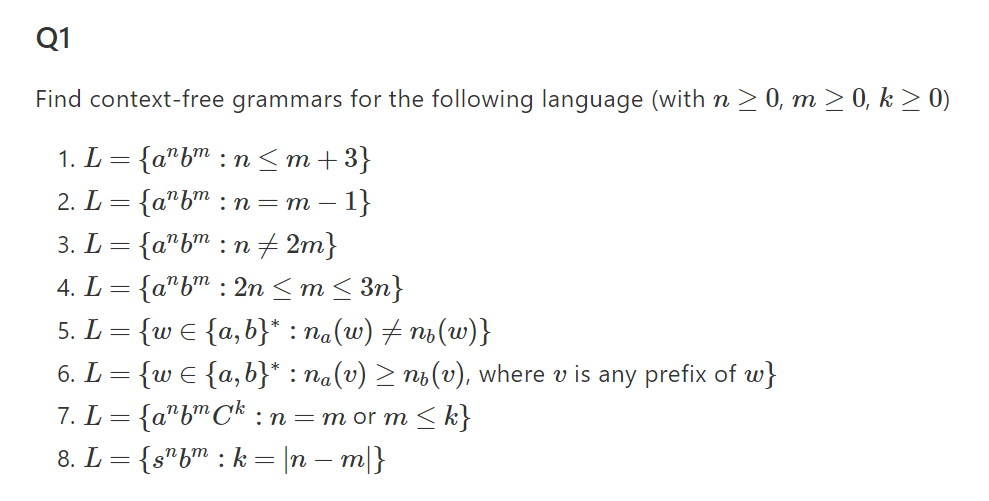 find context free grammars following languages