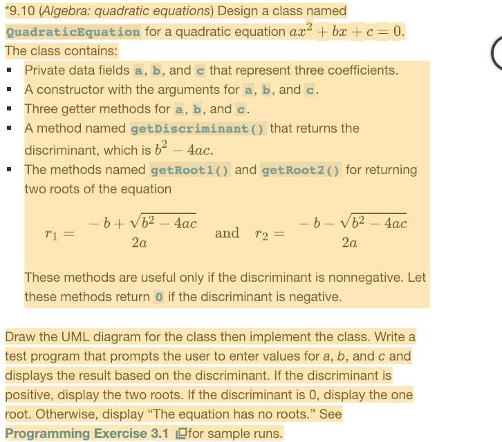 Solved 9.10 (Algebra: quadratic equations) Design a class | Chegg.com