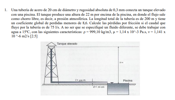 Una tubería de acero de \( 20 \mathrm{~cm} \) de diámetro y rugosidad absoluta de \( 0,3 \mathrm{~mm} \) conecta un tanque el