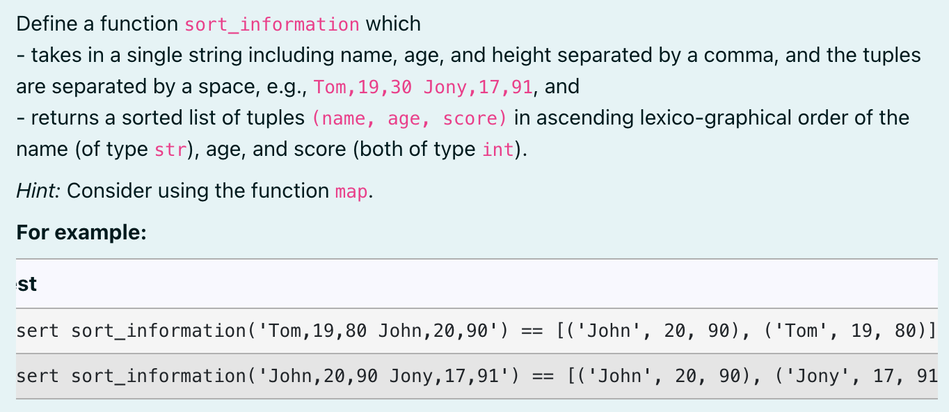 Solved Define a function sort_information which takes in a | Chegg.com