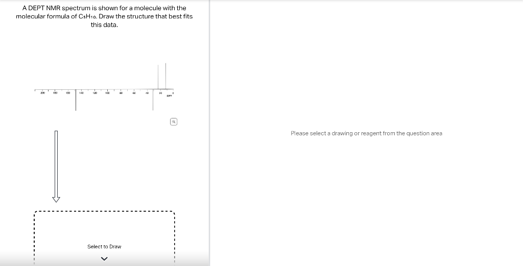 A DEPT NMR spectrum is shown for a molecule with the molecular formula of \( \mathrm{C}_{5} \mathrm{H}_{10} \). Draw the stru