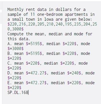 Solved Monthly rent data in dollars for a sample of 11 | Chegg.com