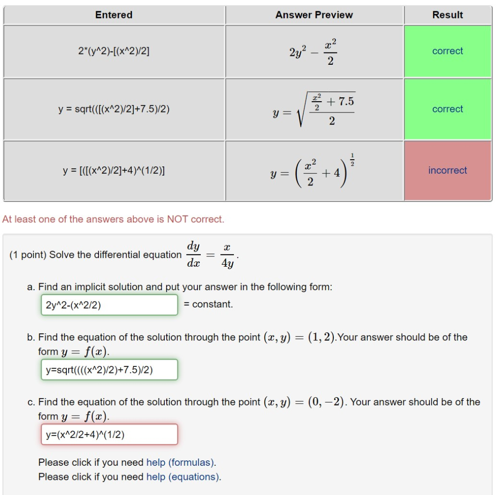 Solved Entered Answer Preview Result 2 Y 2 X 2 2 2o Chegg Com